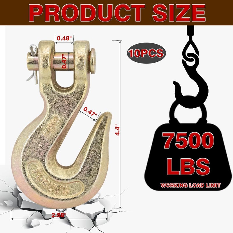 V-chen 3/8" Chain Hook Clevis Grab Hook, Grade 70 Forged Steel Alloy Clevis Hooks, Heavy Duty Chain Hook for Trailer Truck Transport - 7500 LBS Capacity (1 Pack) - Image 2